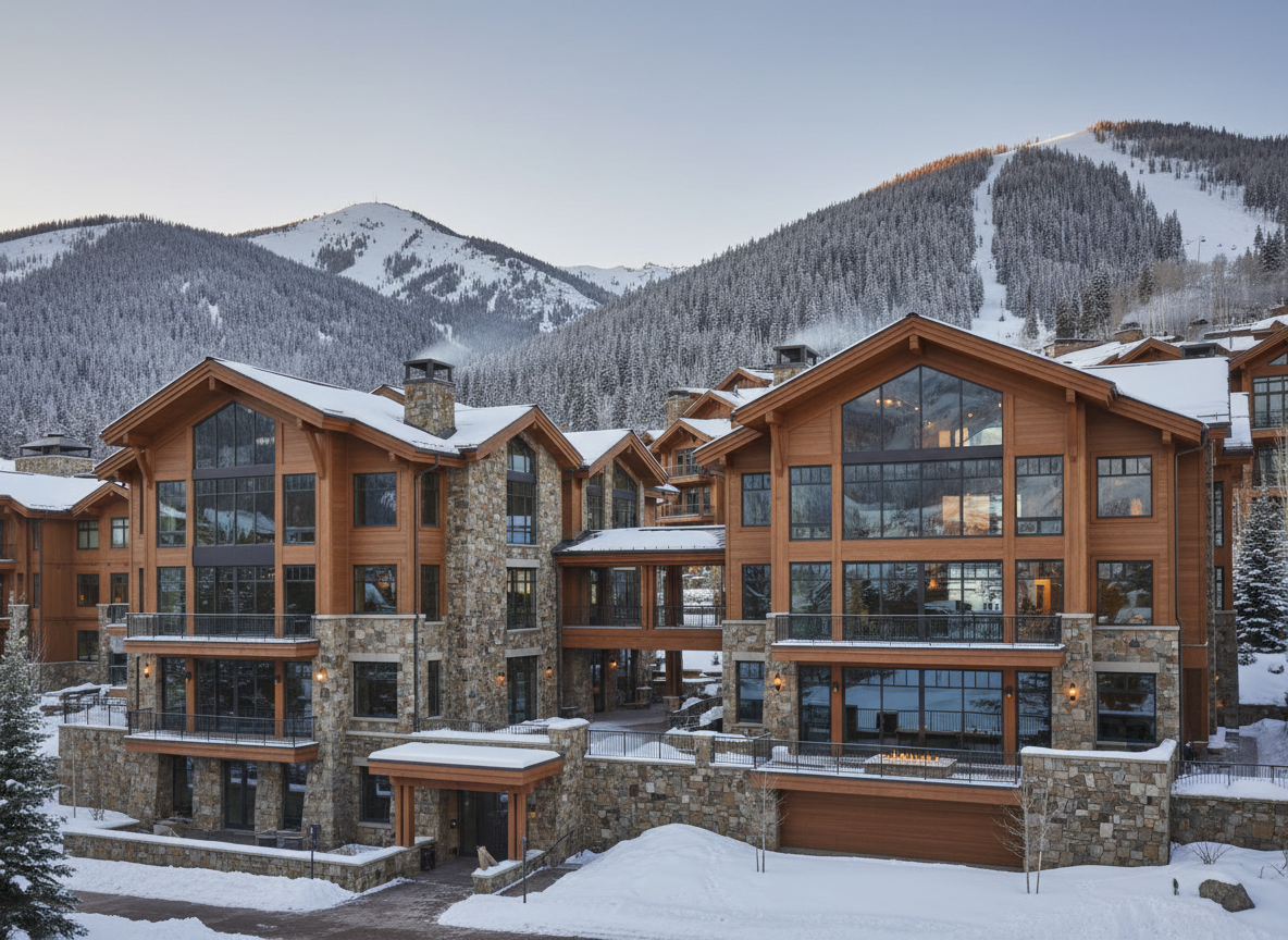 A premium editorial real-estate photograph of a new luxury condominium development in Lionshead Village, Vail, Colorado. Contemporary alpine architecture with refined stone, warm wood, and large glass windows, surrounded by snow-dusted Rocky Mountain slopes and evergreen trees, soft late-afternoon winter light, elegant and aspirational, realistic architectural photography, no people, no text, no logos.